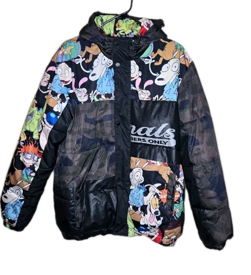 Members Only x Nickelodeon Mens Hooded Full Zip Camo Puffer Jacket Size Medium